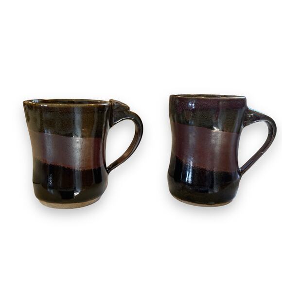Pair of Unique Handmade Brown Maroon Iridescent Glazed Coffee Tea Mugs Crunchy - Picture 2 of 16